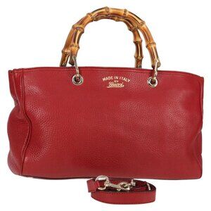 GUCCI Bamboo Hand Bag Leather 2way Red Gold